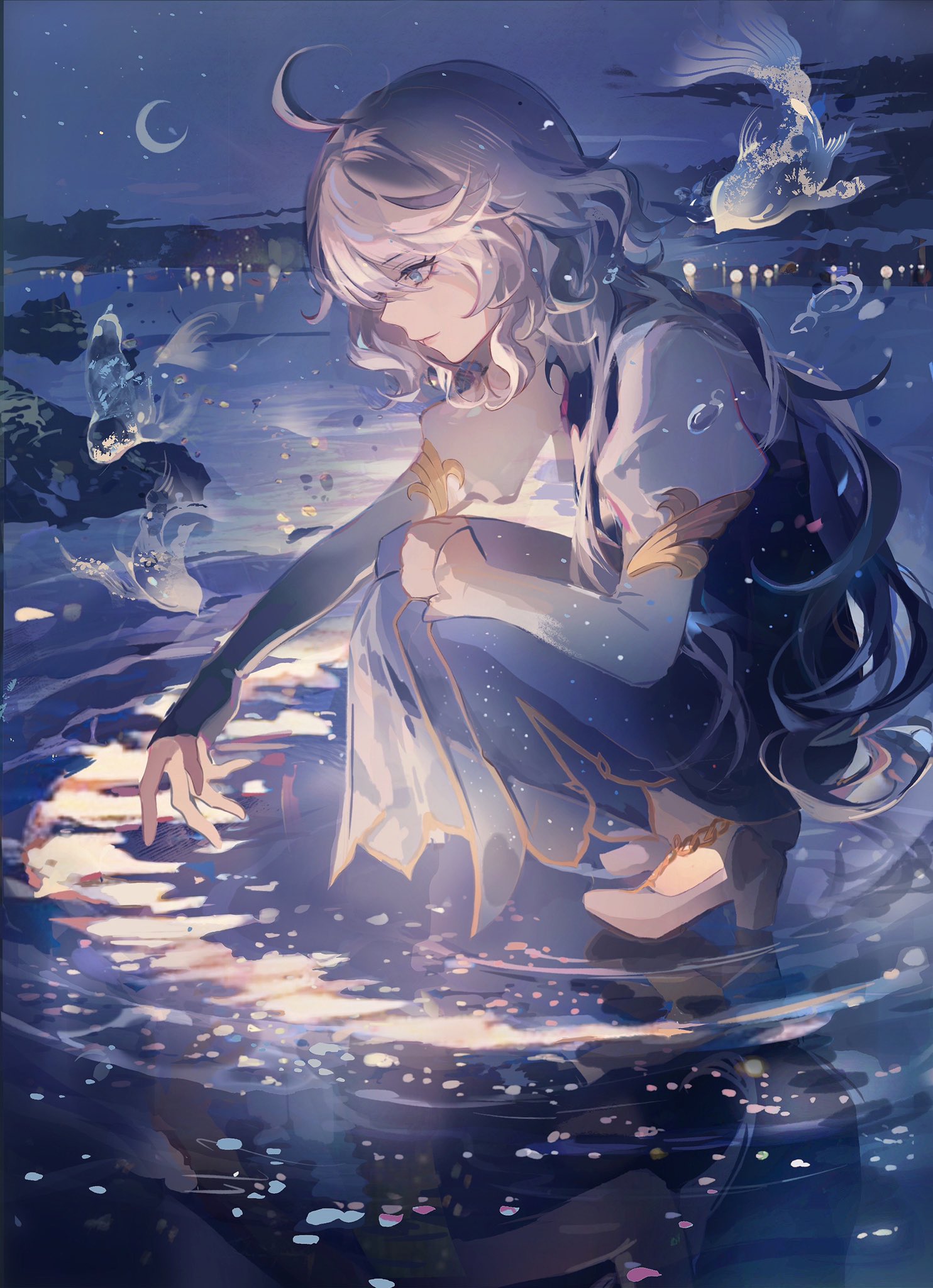 he image shows a beautiful anime girl with long, flowing white hair sitting by the water's edge at night.  she's wearing a flowing blue and white outfit.  koi fish swim in the water around her, and a crescent moon hangs in the night sky. the overall mood is serene and slightly melancholic.  the style is digital painting with soft, dreamlike colors and a focus on atmosphere. the girl appears to be lost in thought or sadness, interacting with the water and the fish around her.  the reflection of the lights and the girl are visible on the water.