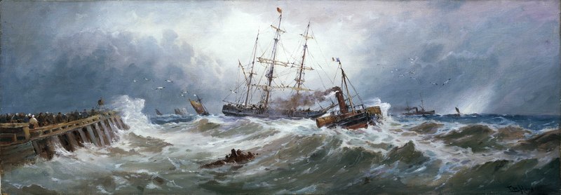 the painting depicts a dramatic sea rescue scene during a storm. a large ship, possibly a sailing vessel with some steam power indicated by a chimney, is in distress amidst large, tumultuous waves. a pier crowded with onlookers is on the left, while smaller vessels attempt a rescue in the rough seas. seagulls fly above, accentuating the wild and turbulent weather. the sky is overcast with heavy, dark clouds, contributing to the sense of urgency and peril.