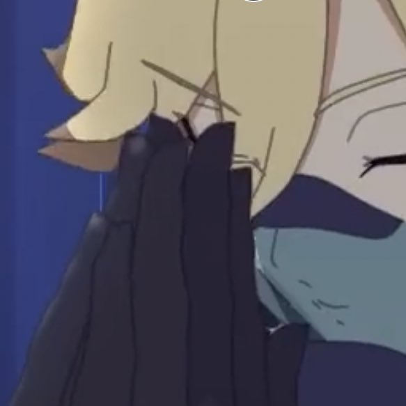 an anime male character is crying with his face in his hand. the character has blonde hair and a black and blue outfit. the background is blue. the character looks very sad. the character is wearing a white mask, with parts of the mask having ripped off, showing the blue of the mask underneath.
