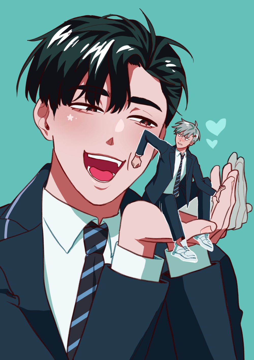 this is an illustration of two anime boys. one is large and wearing a dark suit, and he is smiling and holding the other boy, who is small and wearing a similar dark suit, in his hand. there is a heart above the smaller boy. they are both smiling and happy. the background is green.