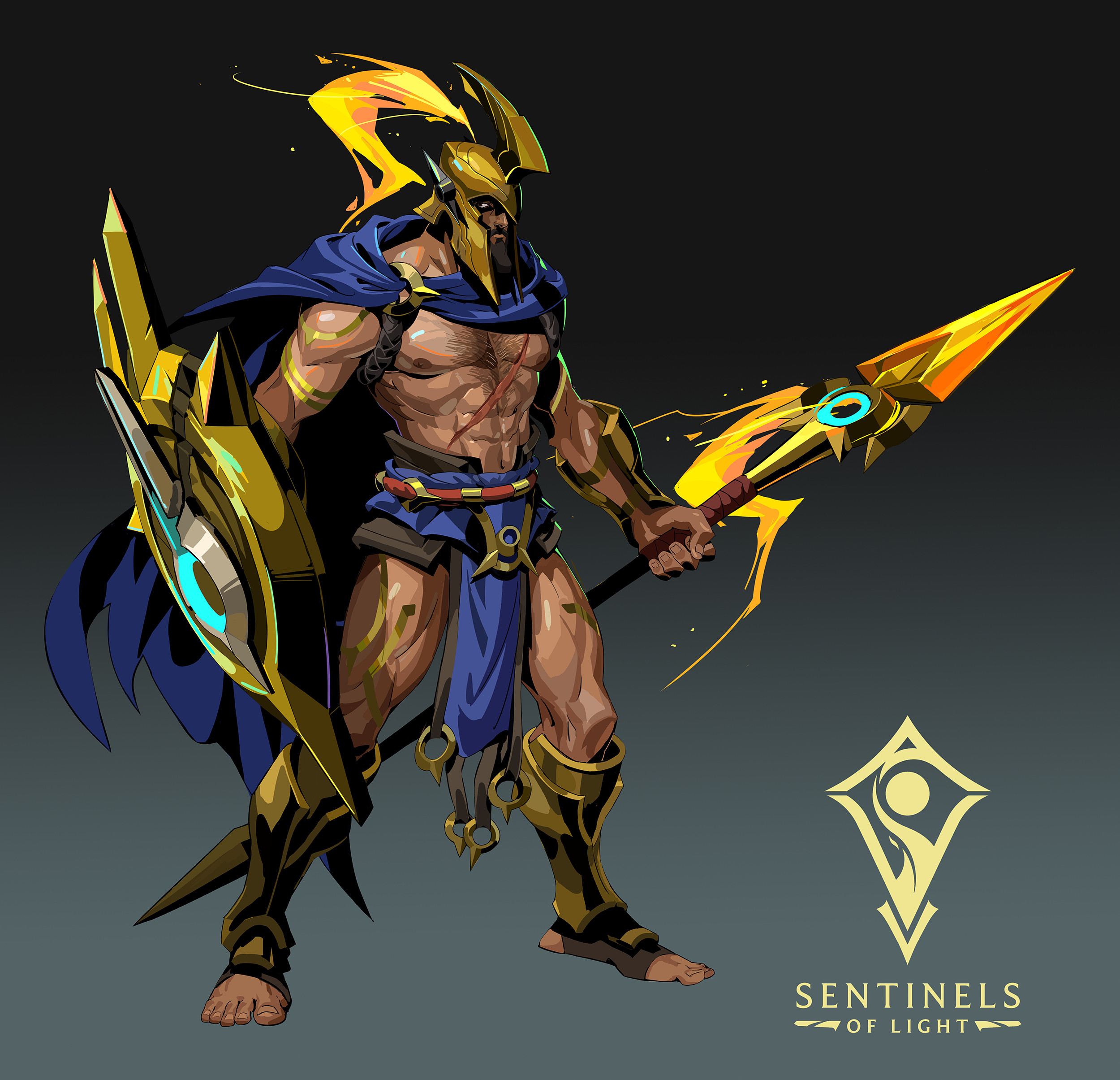 this is a digital painting of aatrox, a character from the league of legends video game, as part of the sentinels of light event.  he's depicted as a powerful, muscular warrior, clad in golden armor and a dark blue cape. he wields a large spear with a fiery tip and carries a similarly styled shield.  his design incorporates elements of greek mythology. the background is dark, highlighting the character and his glowing armor and weapon.  the sentinels of light logo is in the lower right corner. the overall style is dynamic and visually striking, typical of promotional art for video games.