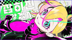 this is a vibrant and colorful animestyle illustration of a female character in a racing suit. she has bright yellow hair, bright blue eyes, and is wearing a black and pink racing suit with a helmet. the background is a dynamic composition of geometric shapes and lines in a bright neon green color. the image is full of energy and motion, creating a sense of speed and excitement.