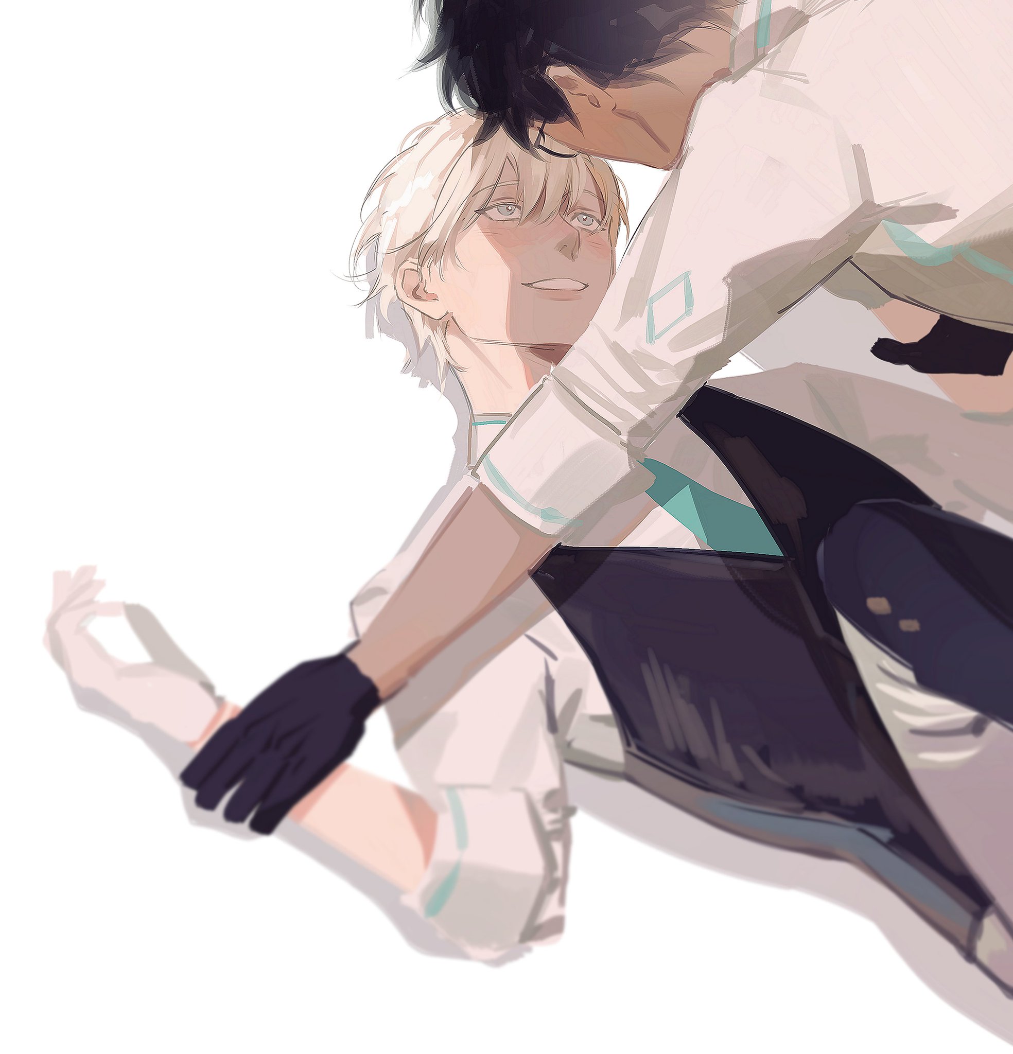 the image is a digital painting or illustration in an anime style, depicting a romantic scene between two young men. one has white hair and the other dark hair. they are embracing closely,  with the darkhaired young man leaning down towards the whitehaired one. the style is soft and gentle, the colors muted and pleasant, suggesting a tender and intimate moment. the characters are fashionably dressed with teal accents on their white and dark clothing.  the overall impression is one of quiet affection and romance.