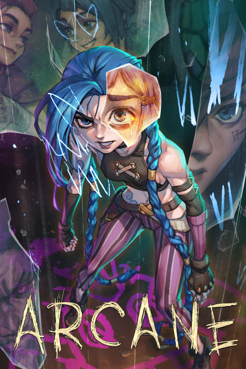 a fan art illustration of jinx from the video game league of legends, with a broken glass pane in front of her face that shows a glimpse of a young boy who is possibly her younger self. the image is set against a background of shattered glass, with the word "arcane"  written in a stylized font in the foreground. the style of the artwork is vibrant and colorful, with a strong emphasis on detail.