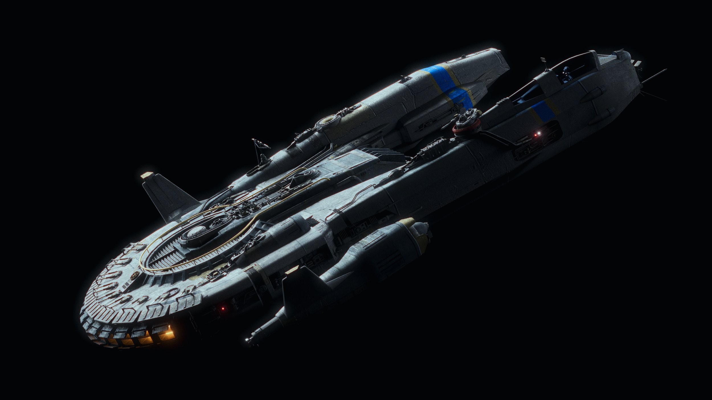 a detailed 3d rendering of a large, intricately designed spaceship against a black background. the spacecraft appears to be old and weathered, with visible engine components and lights. it is predominantly grey with blue and yellow accents.  the image is highly detailed and shows the complex design of the ship.