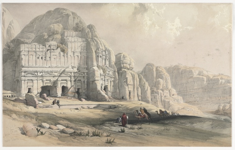 a watercolor painting depicts the ancient city of petra, jordan. the scene features the aldeir monastery (also known as the monastery), a large rockcut monument, set against a backdrop of towering sandstone mountains. the foreground shows a desert landscape with several figures, including individuals on camels and others standing near the monument. the painting captures the monumentality and isolation of the site, rendered in muted tones and highlighting the interplay of light and shadow on the rock formations.