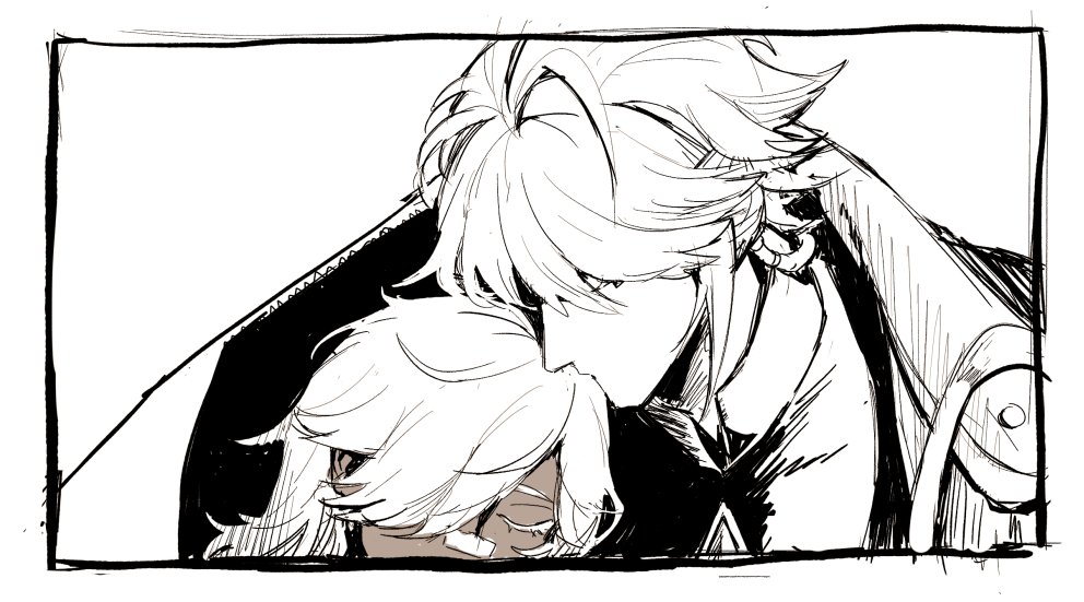 the image is a black and white sketch of two anime characters, a male and a female, in a closeup portrait. the male character has long white hair and is leaning down to kiss the female character on the forehead. the female character is looking down with her eyes closed. the image is drawn in a manga style with a focus on the characters' emotions and physical intimacy. the overall tone of the image is romantic and tender.