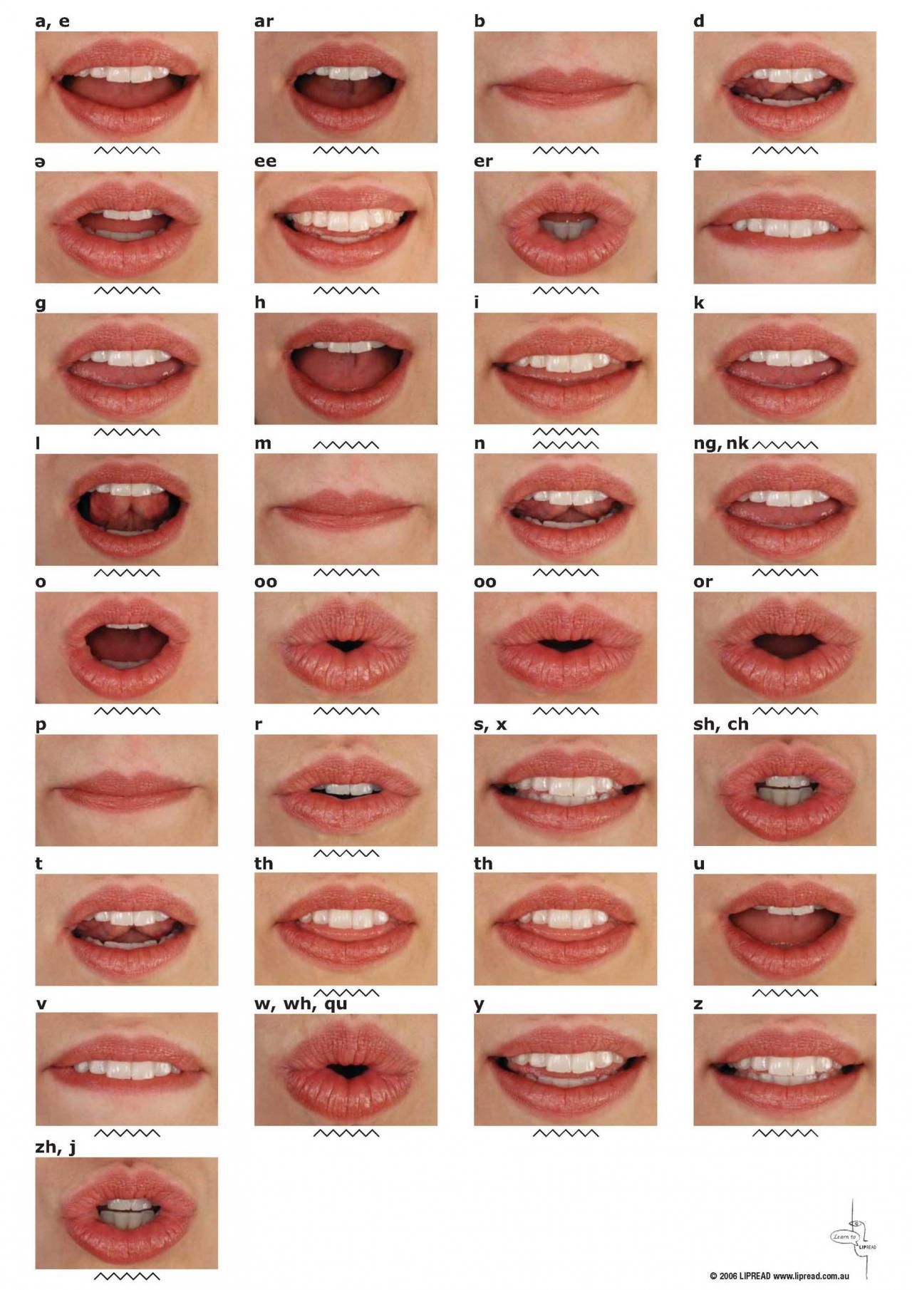 the image is a chart displaying the various mouth shapes used to produce english language sounds. it features a woman's mouth forming different vowel and consonant sounds, each accompanied by its corresponding phonetic symbol.