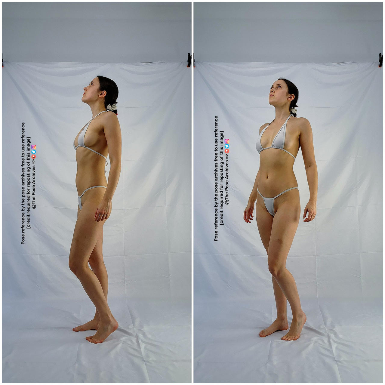 a woman in a white bikini is posing against a white backdrop. she is standing with her weight on her left leg, her right leg slightly bent, and her arms at her sides. her head is tilted back, and she is looking up. the image is a pose reference, and the photographer has given permission for it to be used as such, with credit.