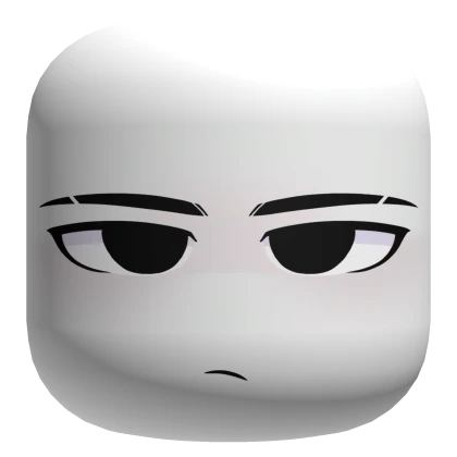 a closeup shot of a roblox character's face with a smirk. the face is white with black eyes, eyebrows, and a slightly downturned mouth suggesting a smirk. the background is black.