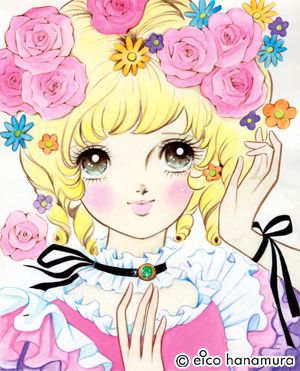 a portrait of a young girl in the style of shojo manga. she has blonde hair adorned with pink roses and other colorful flowers. she has big, sparkling eyes with long eyelashes, and rosy cheeks. she's wearing a ruffled collar with a black ribbon choker and a green jewel. the artwork is signed "© eico hanamura".