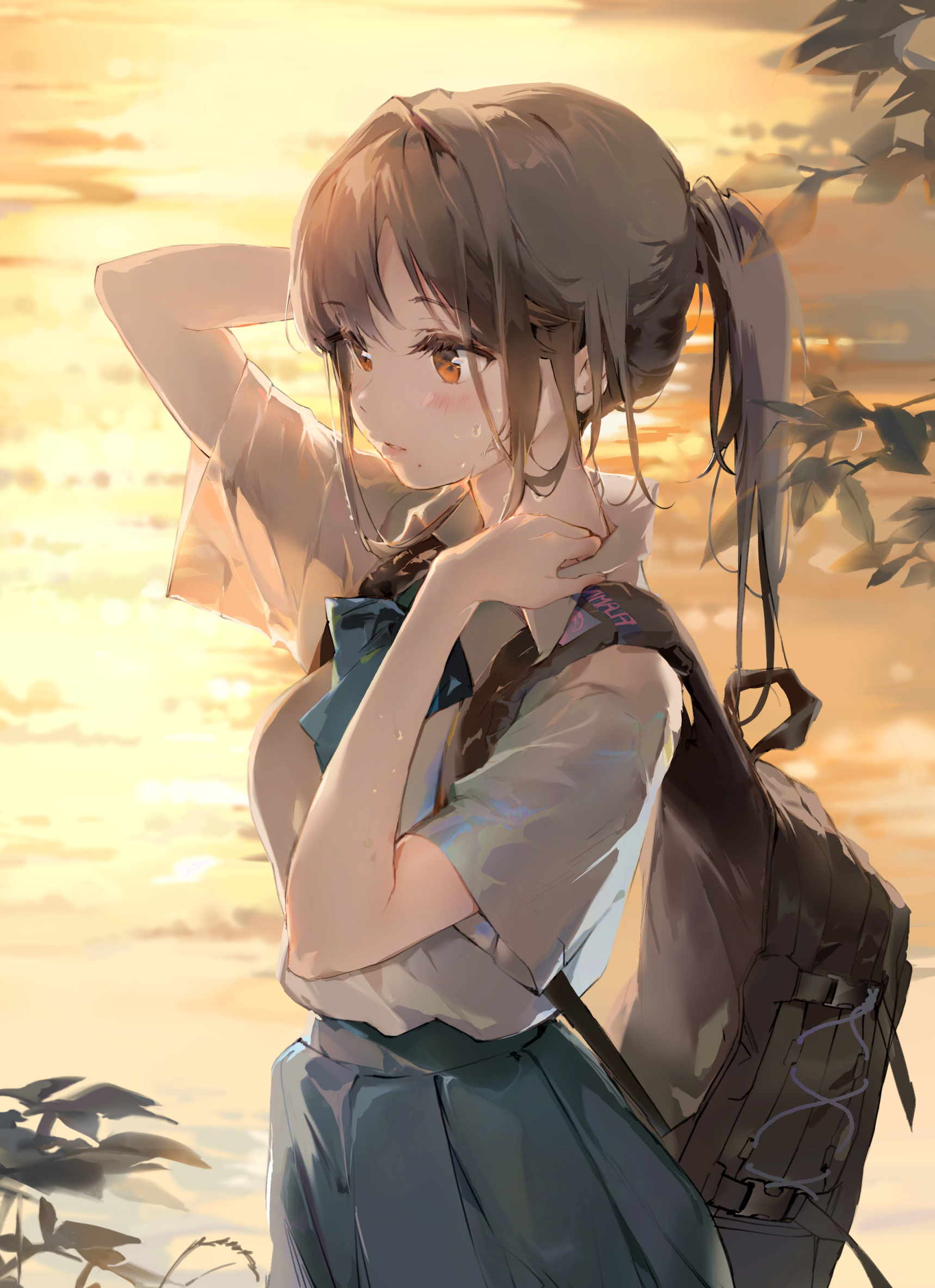 the image is a digital painting of a young anime schoolgirl. she has long brown hair tied in a high ponytail, and is wearing a lightcolored school uniform with a pleated skirt.  she carries a darkcolored backpack. the setting appears to be a beach or coastal area at sunset, with the warm light of the sun casting a golden glow on her and the surrounding scenery. she has a slightly melancholic or wistful expression, and appears to be alone, possibly contemplating something. the overall mood is peaceful and serene.  water droplets on her skin suggest she might have been sweating.