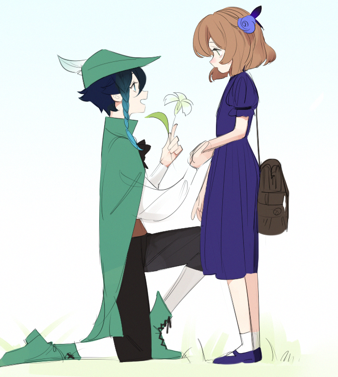 a brightlycolored sketch of two animestyle characters on a field of grass. one character, a young man, is on one knee and offering a white flower to a girl standing in front of him. the girl reaches out to touch his hand. the man has teal blue hair, and wears a green cloak and feathered hat. the girl wears a blue dress with a brown shoulder bag.
