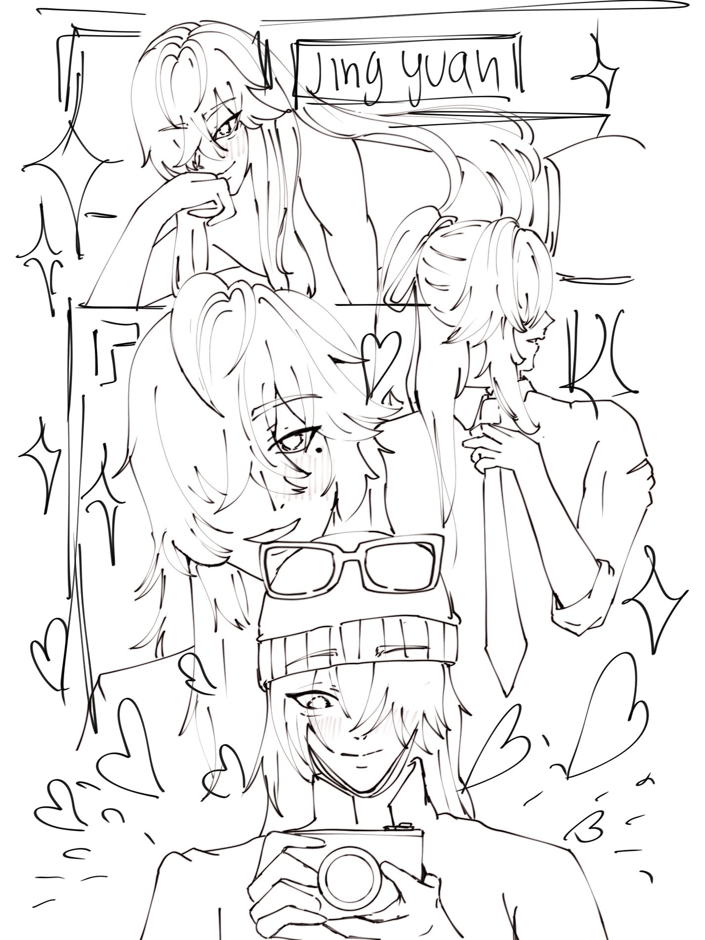 this is a black and white image of four anime girl characters, one of them is holding a camera and smiling, the other three girls are looking to her. the drawing has lines showing that they are friends and happy. there's a text "jing yuan" at the top. the image has a white background.