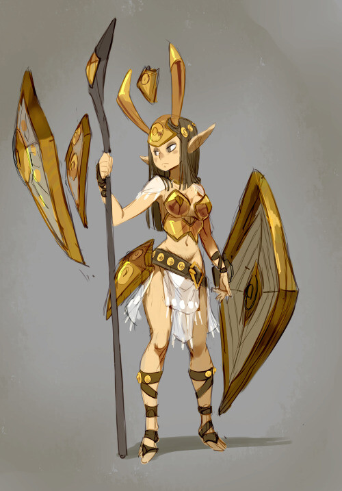 a digital illustration of a female warrior elf wearing golden armor and holding a spear. she is standing in a fighting pose with a large shield in her left hand.