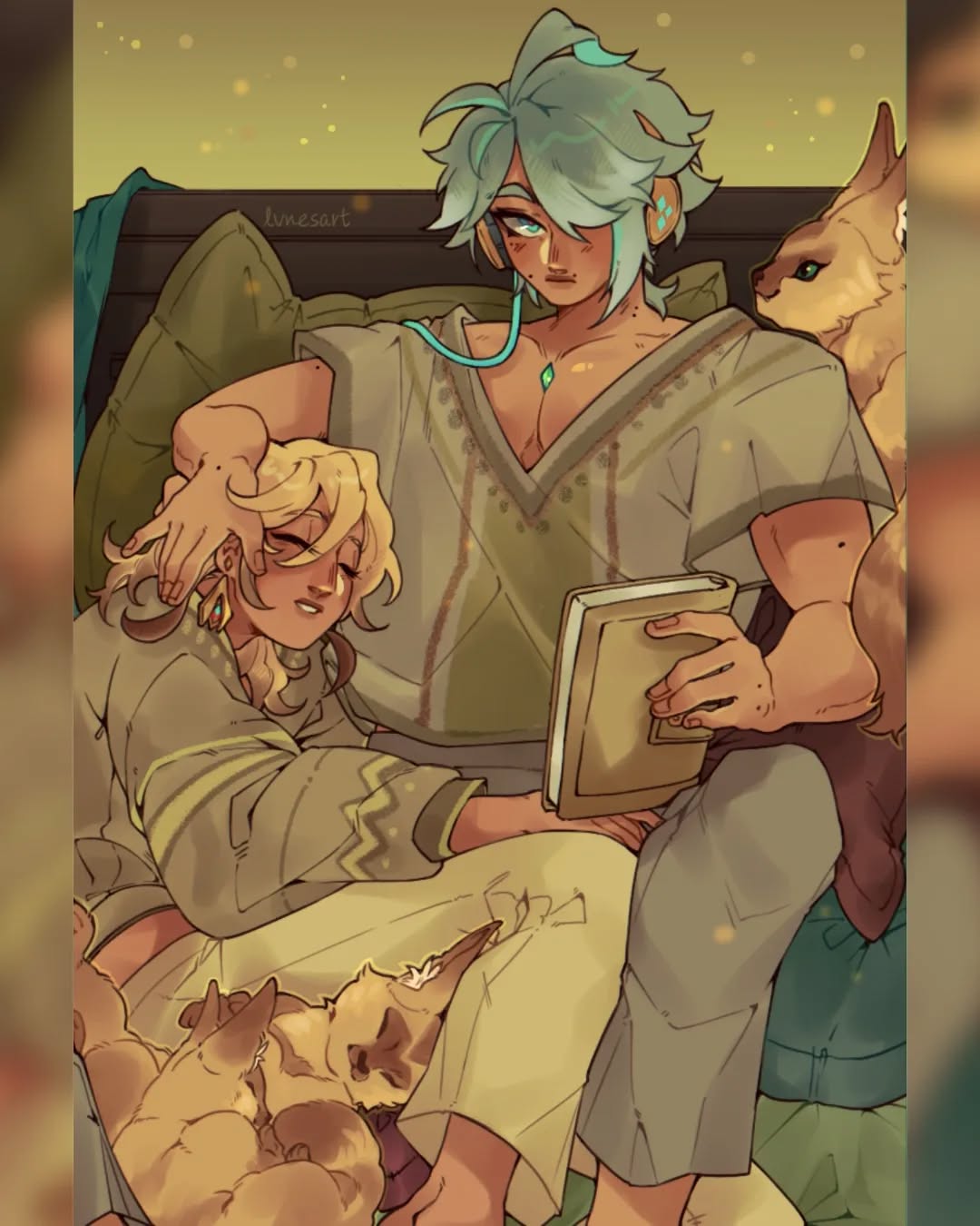 the digital fanart depicts two male characters intimately cuddling on a bed. one, with teal hair and wearing a loose, light green top, holds a book and wears headphones.  the other, with blonde hair, rests their head on the tealhaired character's chest.  several small cats or kittens are nestled around them, creating a warm and cozy atmosphere. the art style is reminiscent of anime or manga, with soft lighting and pastel color palettes. the overall mood is one of comfort, intimacy, and affection, with a potential romantic subtext.