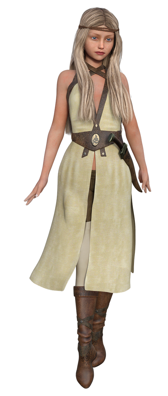 a digital rendering of a young woman in a fantasy style is depicted against a solid black background. she has long, straight blonde hair and is wearing a simple brown headband. the woman is dressed in a light yellow tunic that reaches her knees, with a brown leather belt cinching her waist, from which a sword hangs. she is also wearing brown leather boots that come up to her midcalf. she appears to be standing or floating, with her hands held slightly out to her sides. the lighting suggests a soft, ambient source, highlighting the textures of her clothing and hair.