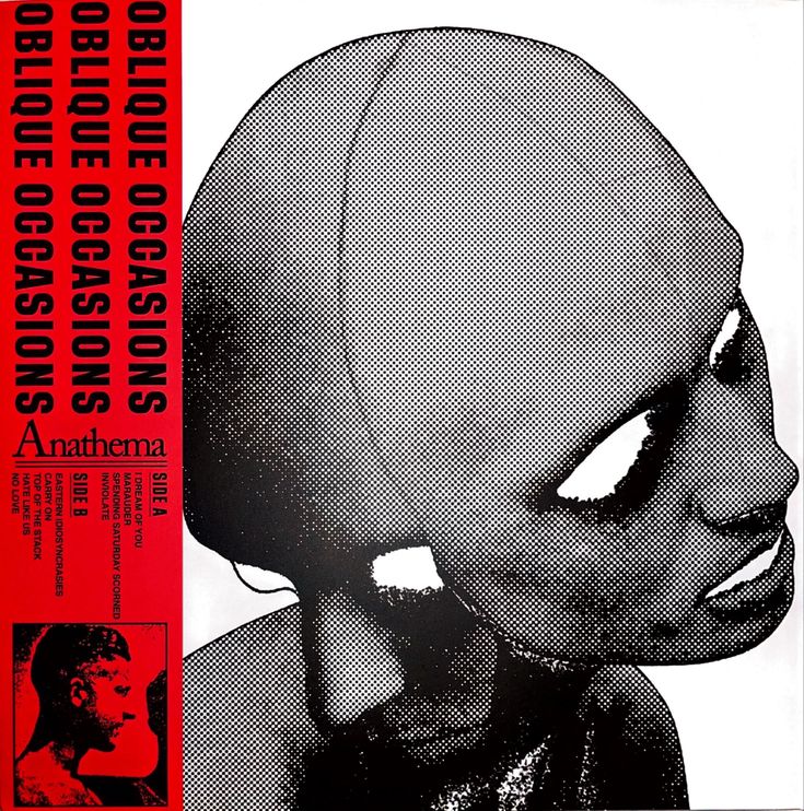 the cover art for the album "oblique occasions" by the band anathema. it features a black and white image of a person's head with their face obscured by a black mask. the album title is printed in red at the left of the image.