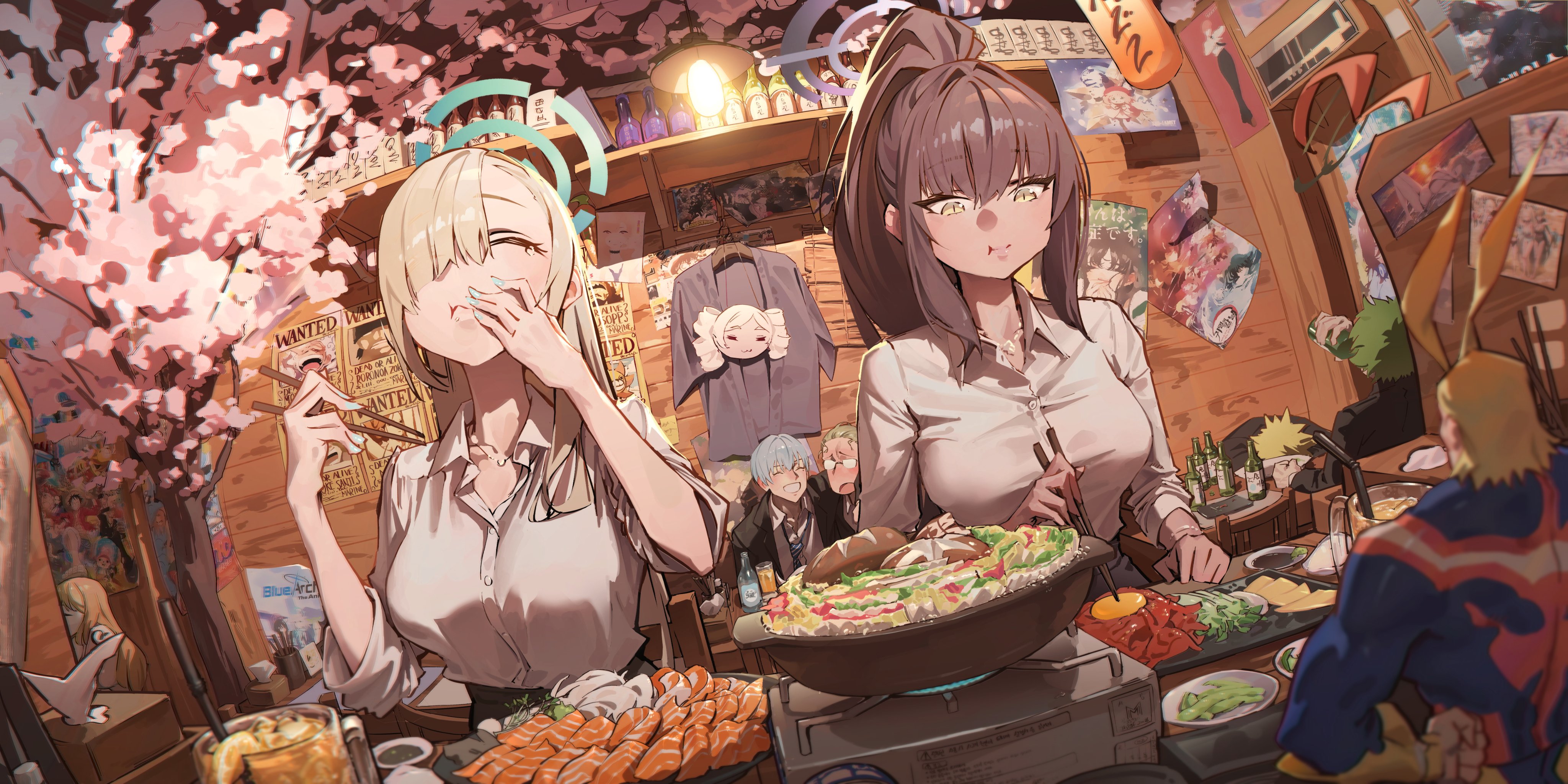 the image shows two anime girls eating at a japanese izakaya restaurant. they are both wearing white collared shirts. the girl on the left has blond hair and is eating with chopsticks, covering her mouth with her hand. the girl on the right has brown hair in a ponytail and is also eating with chopsticks. there is a hot pot in front of them, as well as plates of sashimi and other japanese food. in the background, there are posters and decorations on the wall. there are also some men sitting at a table in the back, and all might from my hero academia is sitting at the counter to the right. the overall atmosphere of the image is cozy and inviting.