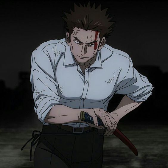 a man with short, spiked brown hair and a determined expression stands in a dimly lit environment. he is wearing a white, longsleeved, opencollared shirt and dark pants. a blood stain mars his left cheekbone. he holds a katana, his grip tight on the hilt as he prepares to draw the sword. his muscles are taut with anticipation. the low camera angle adds to his imposing presence.  the overall palette is dark and muted, with the spotlight emphasizing the man and his sword.