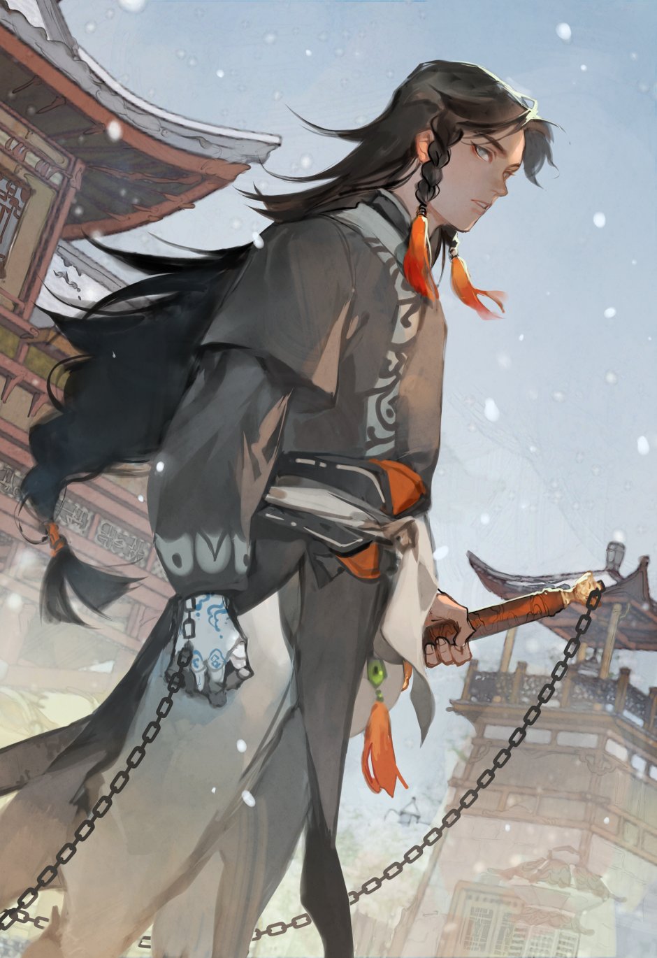 a man with long dark hair and braids with orange tassels is depicted in an illustration. he is wearing traditional asian clothing and is holding chains. the background shows a winter scene with snow and traditional asian buildings.