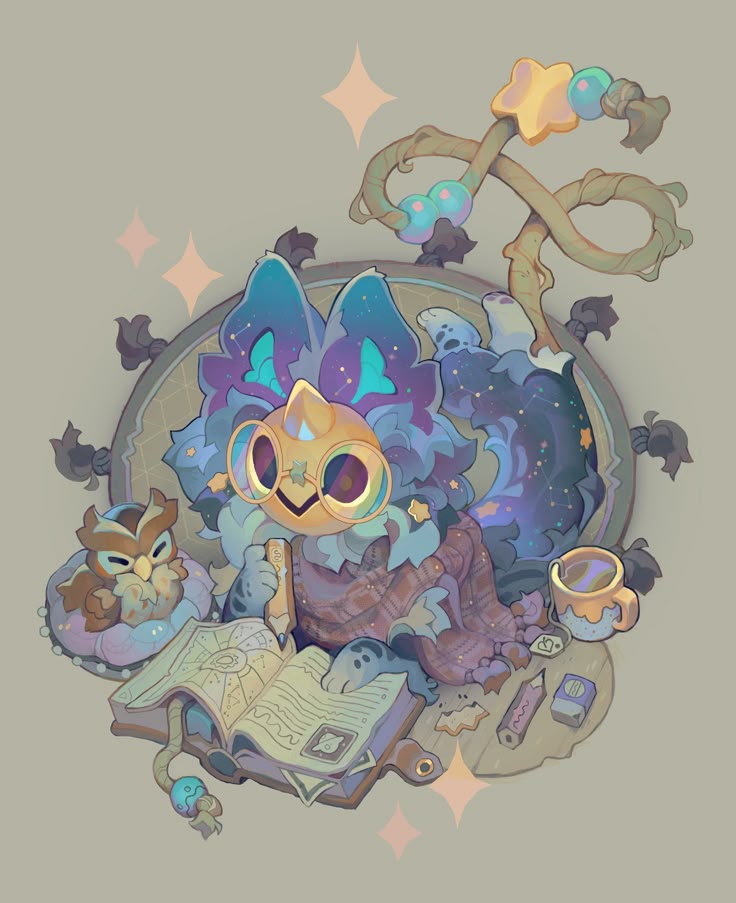 the image depicts an adorable, fantasythemed illustration. a central creature with a golden pumpkinlike head wearing round glasses is seated at a desk with a book open in front of it. it appears to be writing or studying, holding a pencil in its hand. an owl sits on the left side of the book. a cup, pencil, and eraser are on the right. the creature has fluffy, starry fur with constellations. behind the creature is a whimsical tree branch with a star and orbs. the artwork is set against a soft, neutral background.