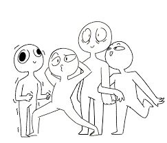 a black and white line art sketch of four cartoon characters. they are all different heights and have different expressions. the character on the left is the shortest and is standing with their hands on their hips. the character in the center is taller and has their arms crossed. the character on the right is the tallest and is leaning forward. the fourth character has their arms wrapped around the character on the left. they appear to be friends and are having a fun time together.