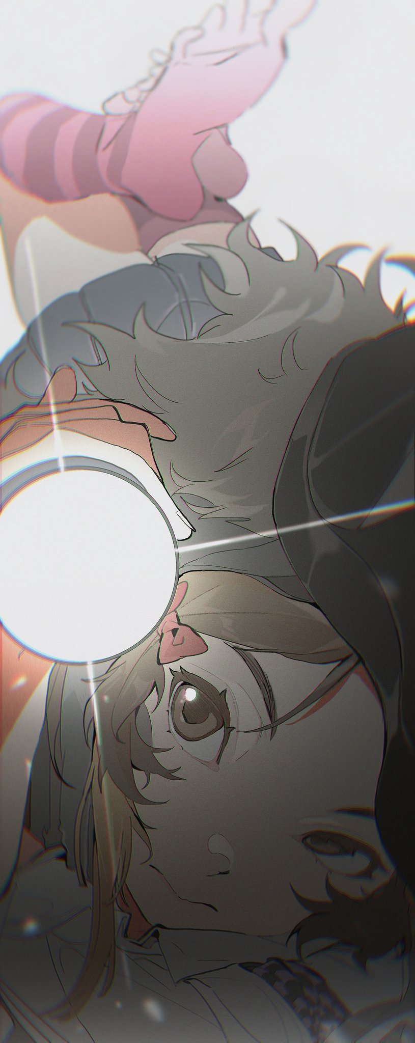 a cartoon anime girl is upside down, with her head floating above a circular white light. she has pink clothing, and long brown hair. she has her eyes closed and is looking down. the background is white with a light shining onto her. the art style is digital, with bright colors and sharp lines.