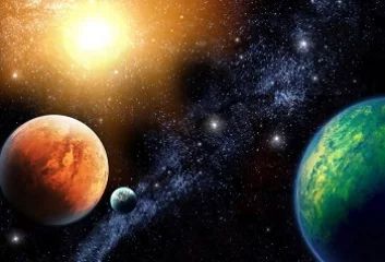 the image shows a vibrant, cosmic scene featuring several planets, a sunlike star, and a field of stars against a backdrop of a galaxy or nebula. on the left is a large, reddishorange planet. in the center, there is a smaller, blueishgreen planet. on the right, there is a larger, green and blue planet. above and slightly to the left of the reddishorange planet, there's a bright yellow sun. the space surrounding these celestial bodies is filled with stars, with a diffuse, galaxylike structure visible in the background.