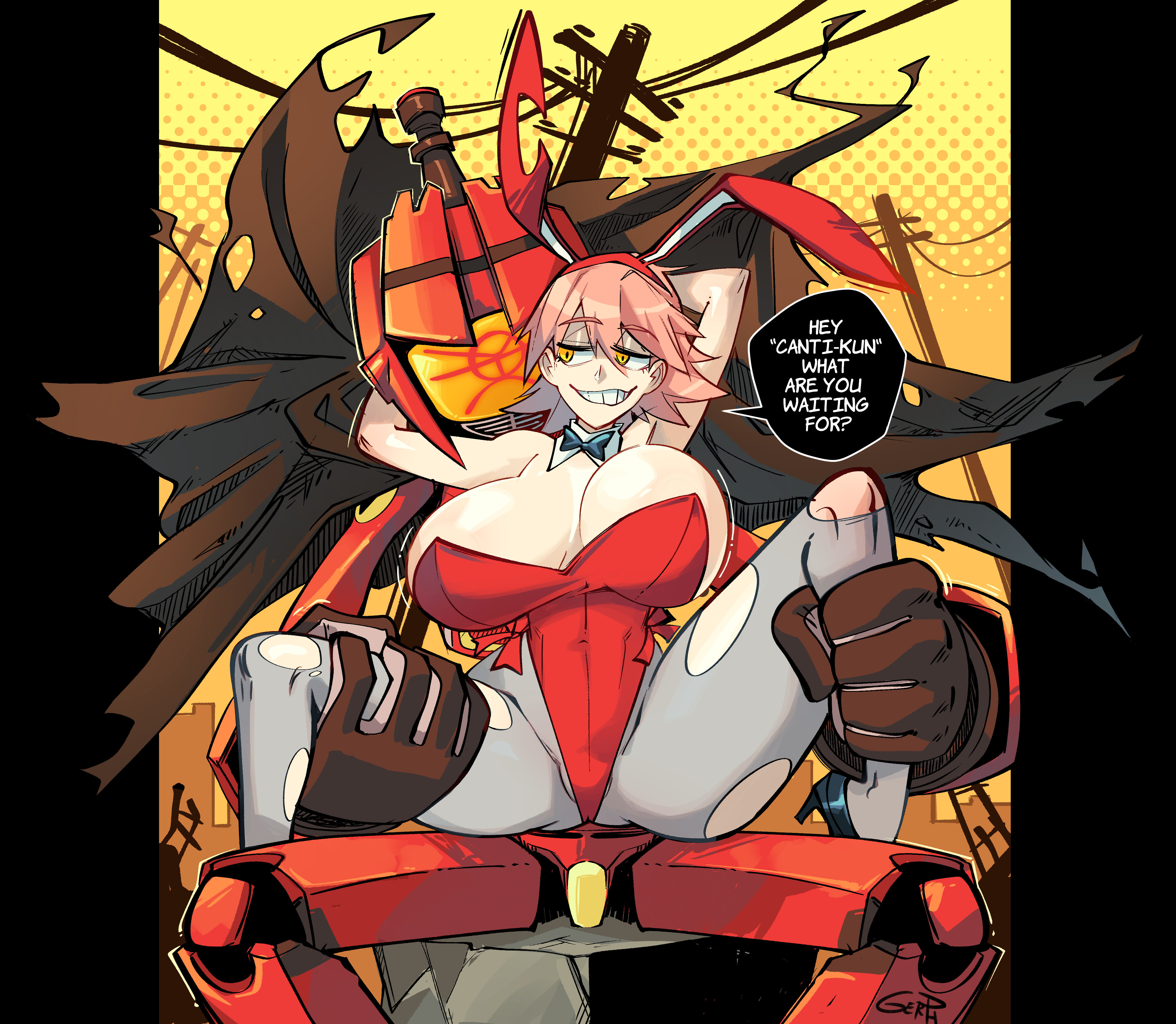 an anime girl in a red bunny suit is sitting on the hand of a large red robot. she has pink hair and is wearing a bowtie. the robot has a red helmet. they are both in a comic book style. the background is yellow and has a lot of electrical wires. the girl is looking at the viewer with a smirk, while the robot looks confused.