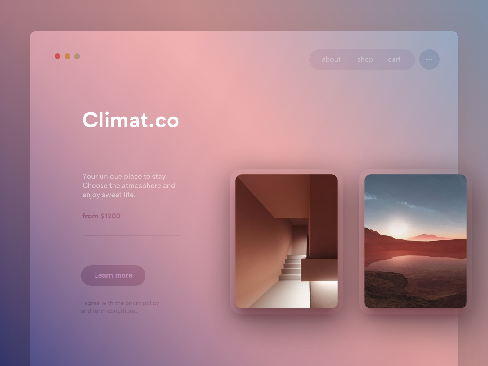 this is a website design mockup for a travel agency. the landing page is clean and minimalist with a focus on highquality images. the design is modern and easy to navigate. the colors are warm and inviting, and the images are beautiful and inspiring. the text is clear and concise, and the call to action is prominent. the website is designed to attract visitors and encourage them to book a trip. the header features "about," "shop," and "cart" buttons. the website also has a minimalist design with a soft pink background. the text is simple and bold, and the images are highquality and showcase the agency's travel offerings. the images feature a modern interior space and a desert landscape with a sunset.