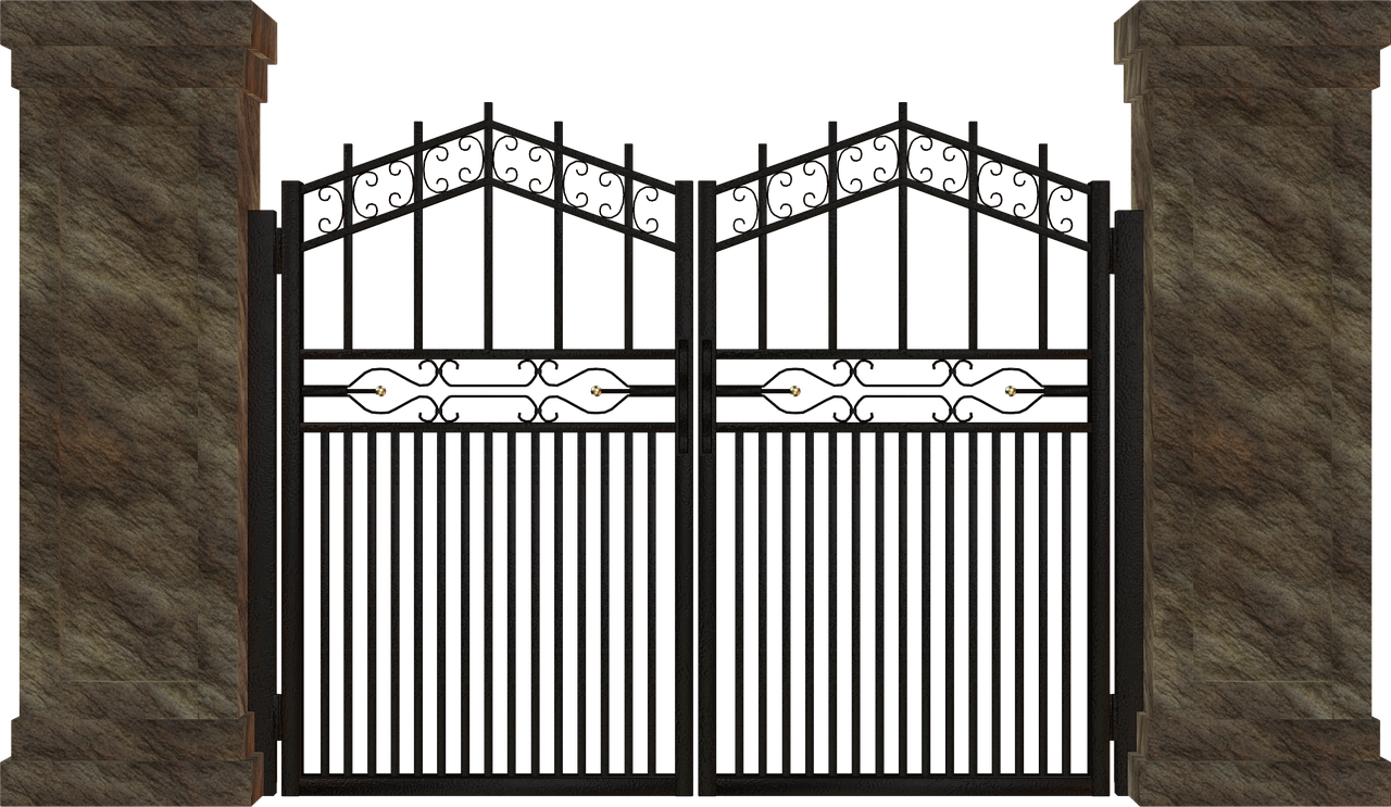 an image of a closed wrought iron gate flanked by stone pillars, set against a black background. the gate features ornamental designs including curves, vertical bars, and a small decorative element in the center of each panel. the stone pillars have a textured, aged appearance, adding to the gothic or medieval aesthetic. the gate is dark in color, contributing to the image's overall somber and imposing feel.