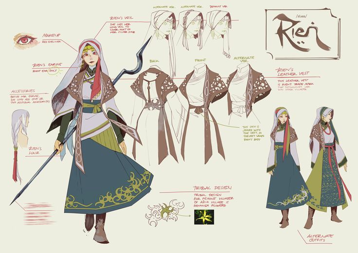this image is a character design sheet of a female character named rien. it showcases different outfits and details of her attire, including a tribalinspired design with an elaborate veil, leather vest, and ornate accessories. the character has long silver hair and red makeup. the sheet also includes closeups of the character's accessories, such as her earrings, hair, and veil.