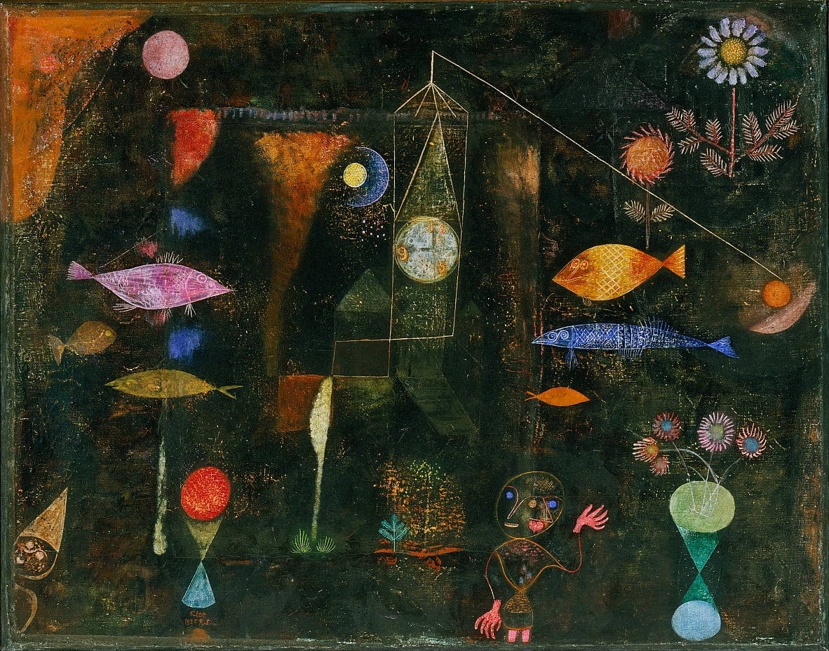 the painting depicts a dreamlike underwater scene. the background is a deep, dark bluegreen, suggestive of water. several brightly colored fish swim through the space. on the right side of the painting, a tall, white daisy grows out of a thin green stem. a pendulum clock hangs from a thin wire above a small, childlike figure. the figure appears to be wearing a mask and has one arm raised.  geometric shapes, including circles, triangles, and squares, are scattered throughout the composition. two crescent moons and a sunlike orb add to the celestial atmosphere.
