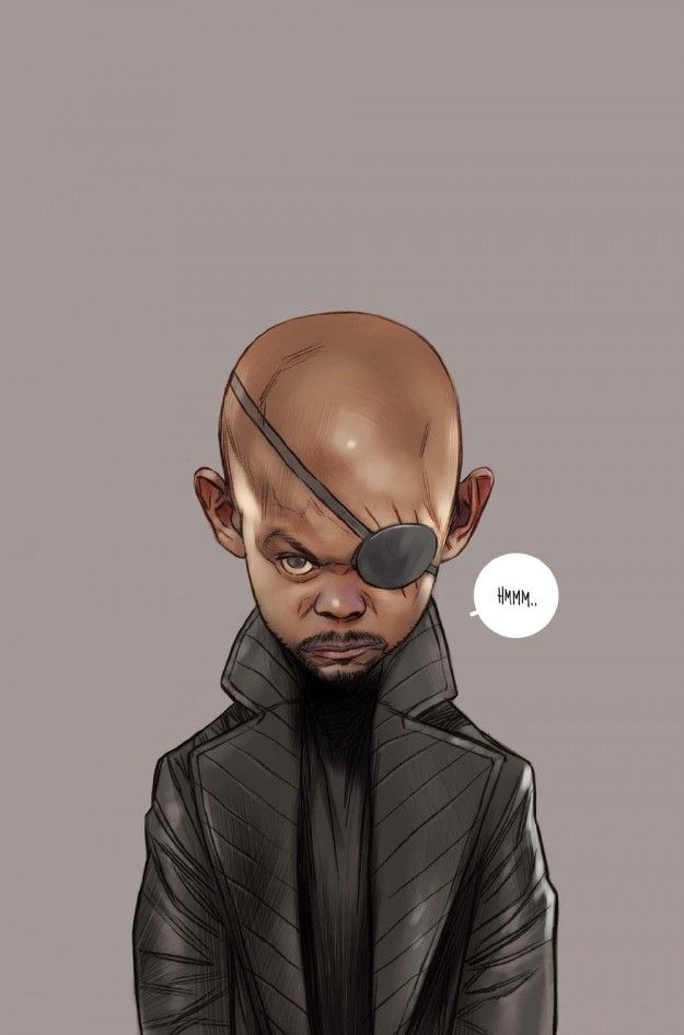 an illustration of nick fury as a caricature with a large head, wearing his signature eyepatch and black coat, saying "hmm..." in a speech bubble.