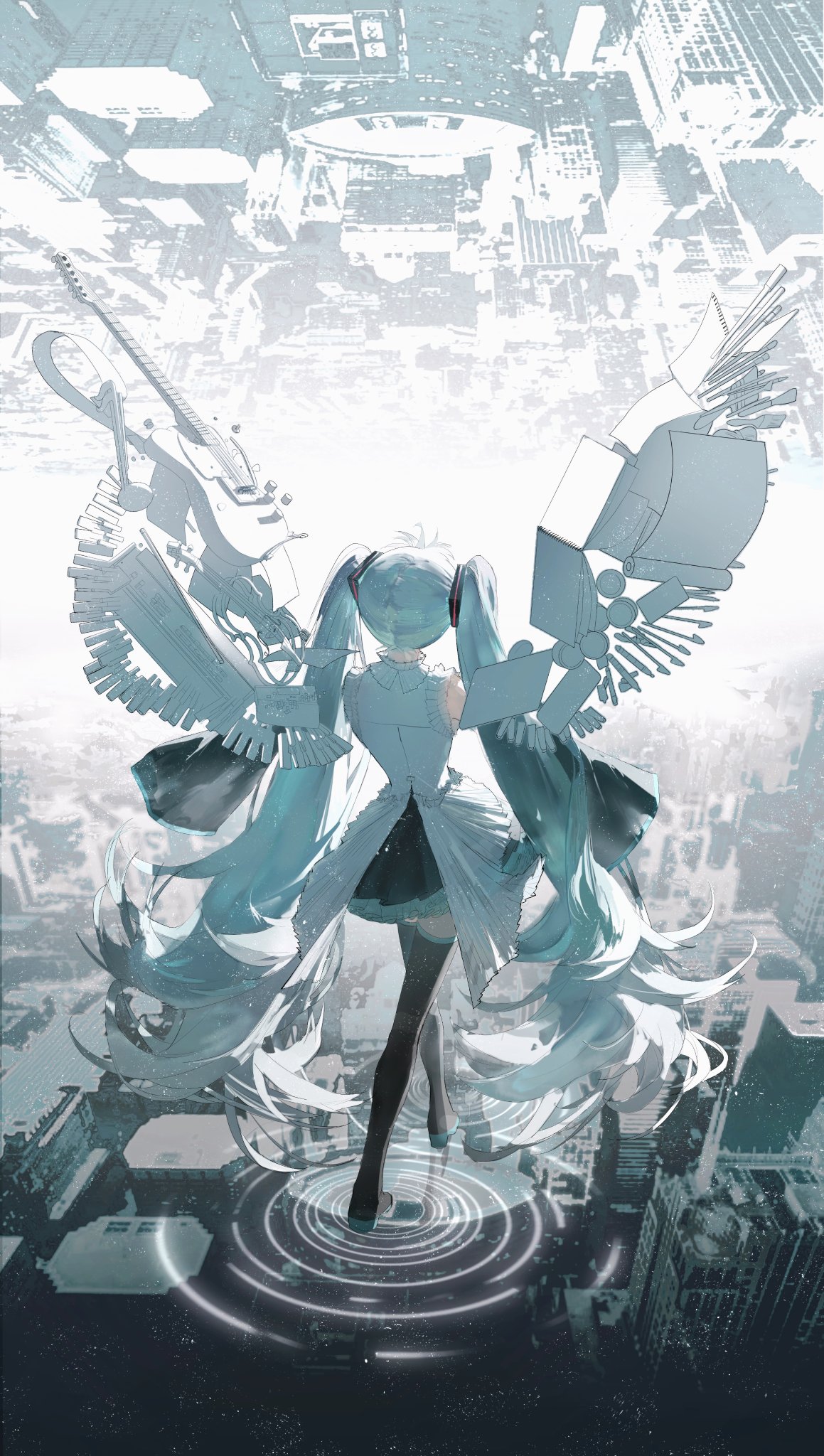 he image is a digital illustration featuring hatsune miku, a popular vocaloid character.  she is depicted from behind, standing in a futuristic cityscape.  miku's hair is long and flowing, a teal or turquoise color, and she wears a dress and boots.  large, mechanical wings, composed of musical instruments like a guitar and keyboard, extend from her back, blending organic and technological elements. the city below is rendered in muted, desaturated tones, contrasting with miku's vibrant hair and dress. glowing circles beneath her feet suggest a magical or technological effect. the overall style is a blend of anime aesthetics and science fiction elements. the composition is dynamic and visually striking, drawing the viewer's eye to miku as the central figure against the backdrop of the detailed cityscape.