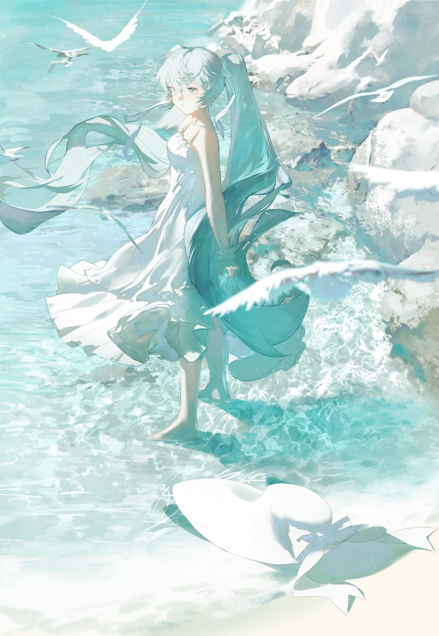 he image is a digital painting of an anime girl standing in shallow ocean water on a sandy beach. she has long, teal hair and is wearing a white sundress.  seagulls fly overhead, and there are rocks in the background. the overall style is light, airy, and dreamy, with a focus on soft colors and a peaceful atmosphere. a white sunhat lies on the sand near her feet.