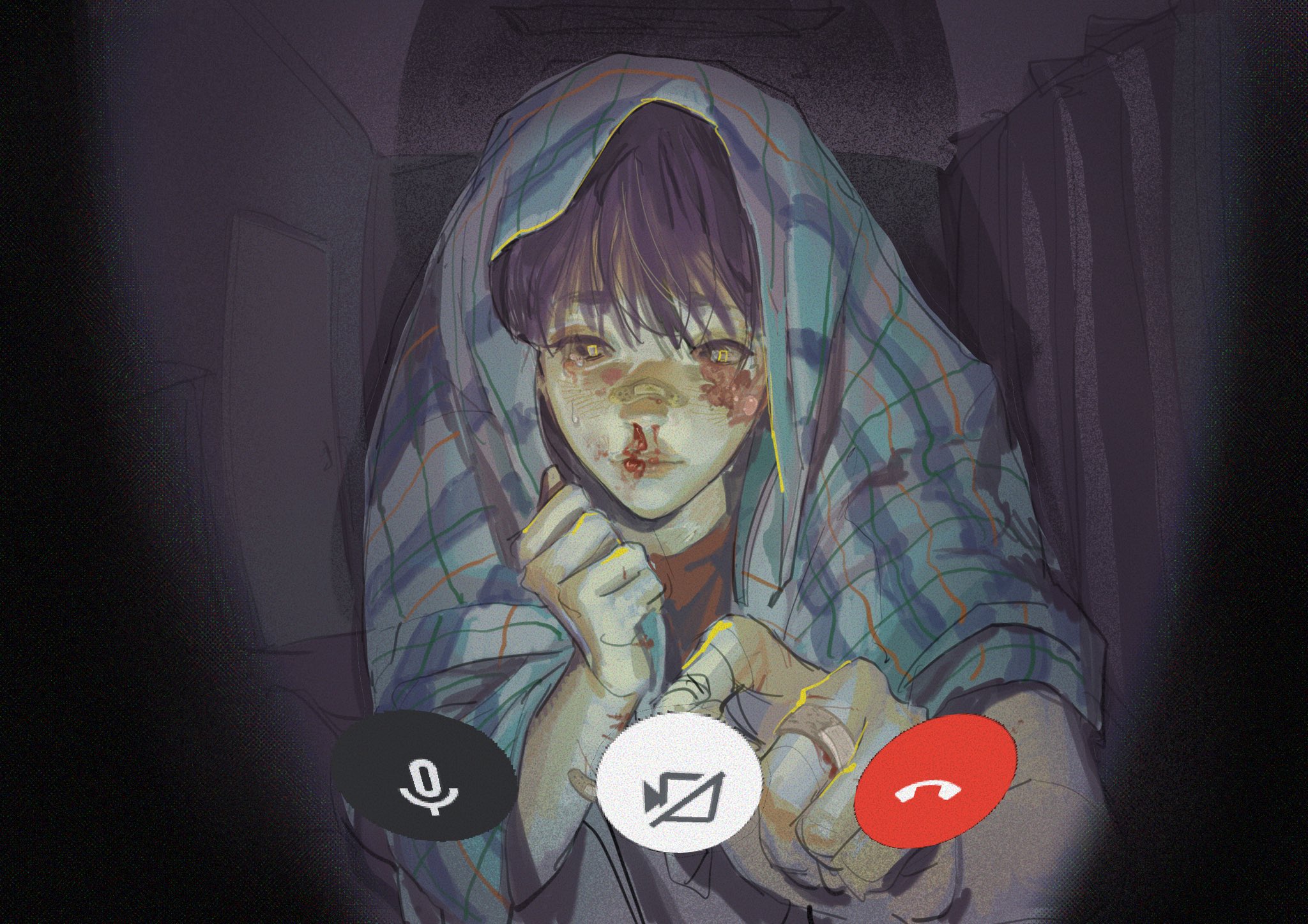 a digital drawing of a young man sitting in the dark and wrapped in a blanket while looking at his phone. he is injured, with blood on his face,  and looks very sad. the phone has a call app open, and he is on the phone with someone.