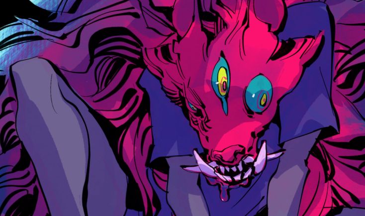 the image is a striking digital illustration or comic art panel featuring a closeup of a monstrous creature. the creature has a humanoidanimalistic form, possibly a type of anthropomorphic fox or wolf, with vibrant red skin and sharp teeth.  its eyes are intensely colored with neon swirls of yellow, green, and teal.  the creature is depicted in a dark, almost ominous setting with a color palette dominated by purples and reds, enhanced by neon accents. the style is highly stylized and detailed, featuring sharp lines and abstract, almost fluid, forms in its clothing and body. the overall impression is one of fantasy and perhaps dark fantasy or surrealism. the creature's expression appears menacing, possibly evil.