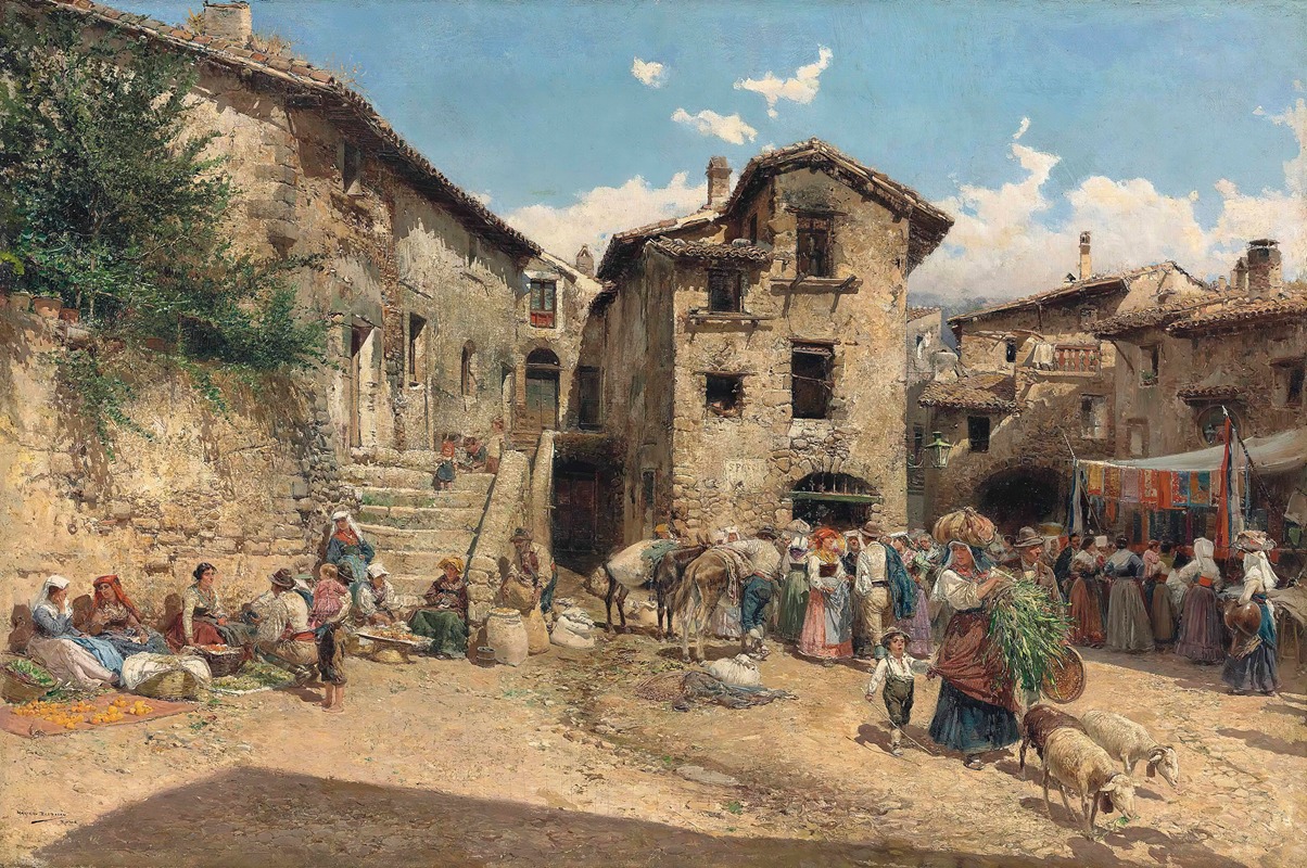 this is a painting of a bustling market scene in an italian village. many people are depicted, including women in traditional clothing and head coverings, men in hats, and children. some are sitting on steps near a stone building, while others are gathered around stalls and animals like donkeys and sheep. goods such as fruits and vegetables are displayed in baskets. a colorful awning provides shade over a stall selling textiles. the architecture of the village is visible, with stone buildings, stairs, and a clear sky with clouds above. the overall scene depicts a lively and active day in the marketplace.