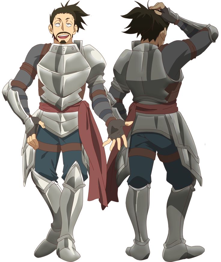 this is an illustration of an anime character in knight's armor. the image shows the front and back of the character. the character is holding a sword in his right hand. he's wearing a blue shirt, brown belt, and dark blue pants under his armor, and red sash wrapped around his waist. the armor is a silver color, it's a full body suit. the character is standing and looking at the viewer. the image has a white background.  the image is from an anime or manga series.