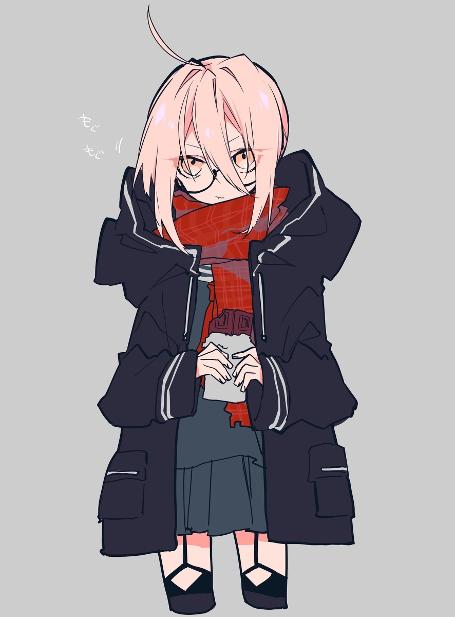 an anime girl with pink bobbed hair and glasses is wearing a black coat and a red scarf. she is also wearing a school uniform. she is holding a crumpled piece of paper in her hands. the background is a solid gray color.