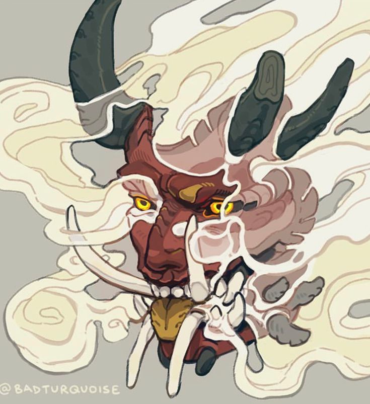the image is a stylized digital illustration of an oni mask (a type of japanese demon mask). the mask is primarily red and has large horns and prominent fangs.  it's partially obscured by swirling, creamcolored smoke or vapor that seems to be emanating from it. the eyes are a striking yellow. the style is distinct and leans toward fantasy art, with a blend of traditional japanese imagery and a more modern, almost abstract, rendering of the smoke. the artist's tag "@badturquoise" is visible in the bottom left corner. the overall impression is one of power and otherworldliness.