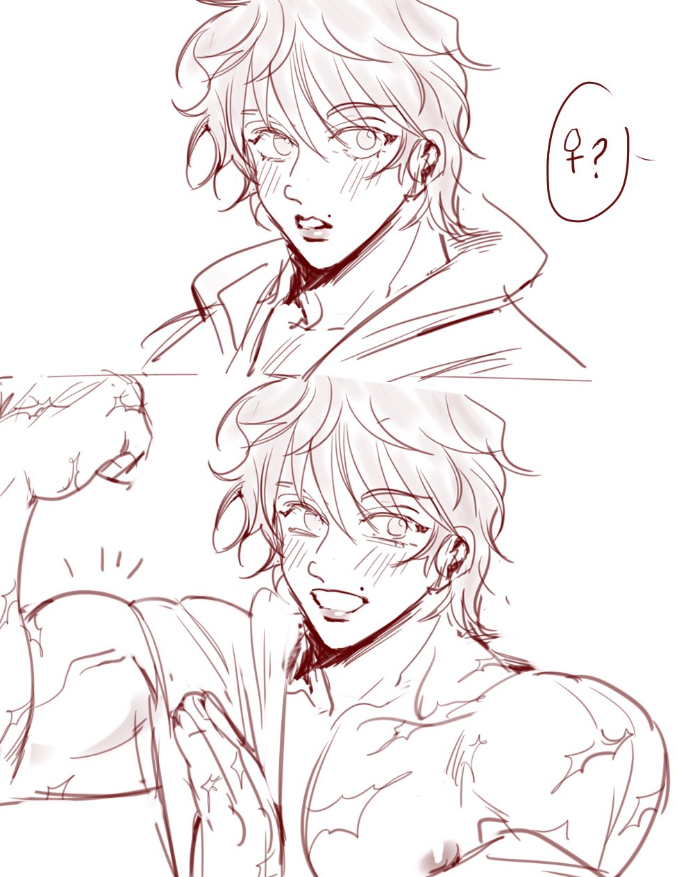 this is a digital art piece with two panels depicting an animestyle male character. the first panel has the character looking up with a surprised expression and a blush on their cheeks. the second panel has the character flexing their bicep with a happy expression. the character is wearing a loose buttonup shirt with a blush on their cheeks in both panels. the line art is bold and clean. the background is white. the art style is similar to that of manga and anime. the overall tone of the art is happy and lighthearted.