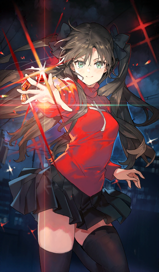 the image is a vibrant digital artwork depicting rin tohsaka, a character from the fate series. she's portrayed in a dynamic pose, midaction, with glowing red energy emanating from her hand.  she's wearing her signature red turtleneck sweater and black pleated skirt, along with thighhigh socks and her characteristic twintails tied with dark bows. the background is a dark, stylized cityscape at night, enhancing the dramatic mood of the scene. the overall style is characteristic of anime and digital illustration, featuring bold lines, vibrant colors, and a focus on dynamic movement and expression.