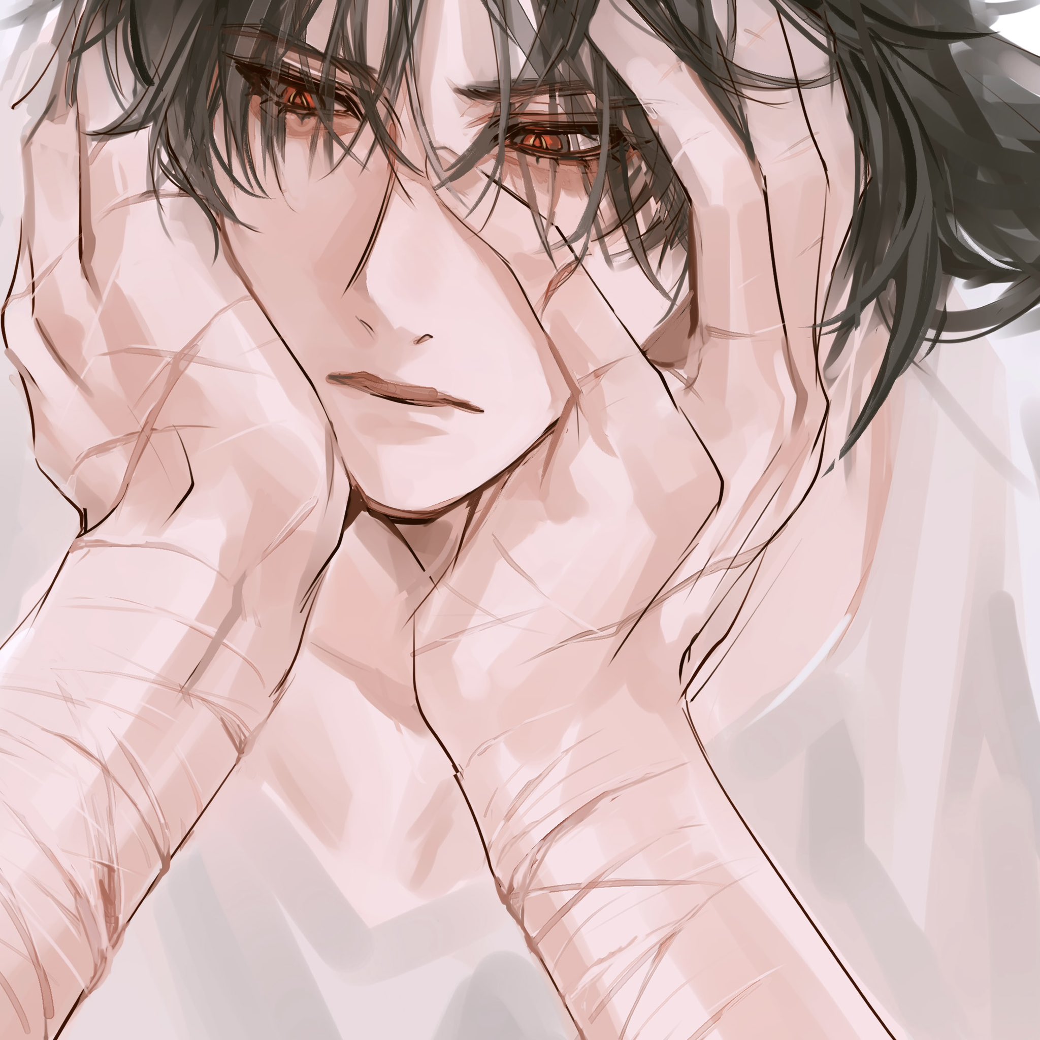 the image depicts a sad anime boy with red eyes, covered in scars, holding his face in his hands. he is dressed in a white shirt and is against a white background. his expression is filled with sorrow and pain.