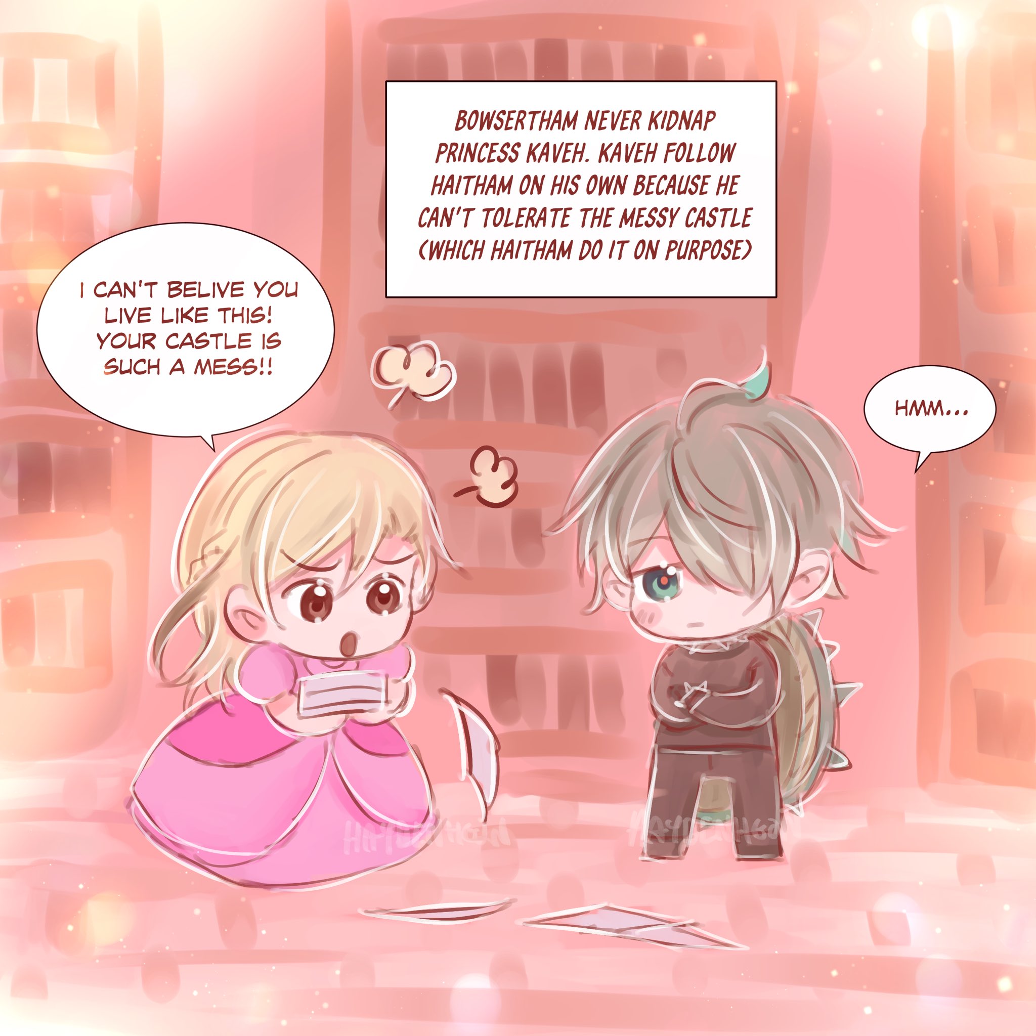 the image is a comic panel of a princess in a pink dress and a boy with a turtle shell on his back. the princess is exasperated and the boy is standing with a serious expression, thinking. the speech bubbles reveal that the princess is complaining about the messy castle and the boy is explaining that he would rather follow haitham than be subjected to the mess. the panel is set in a castle with a lot of bookshelves. the art style is very cute and stylized, with bright colors and big eyes.