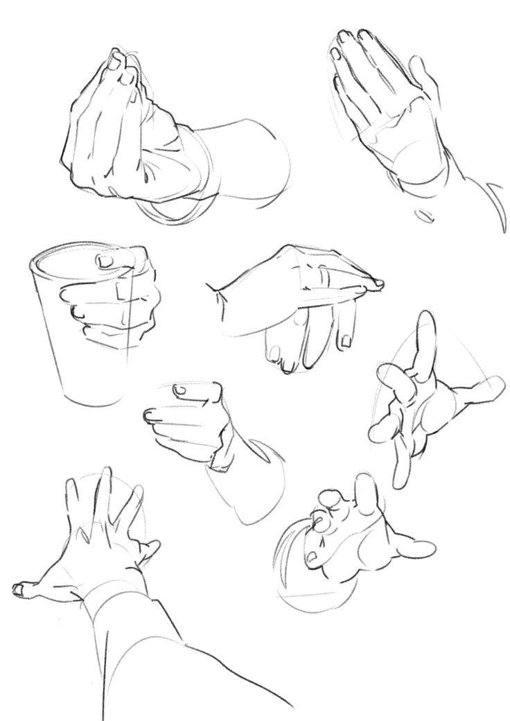 the image consists of nine sketches of hands in various poses, drawn in a loose, gestural style using pencil or charcoal.  the artist focuses on capturing the essence of the form and movement of the hands rather than minute details.  poses include clasped hands, a hand holding a cup, pointing, and expressive gestures.