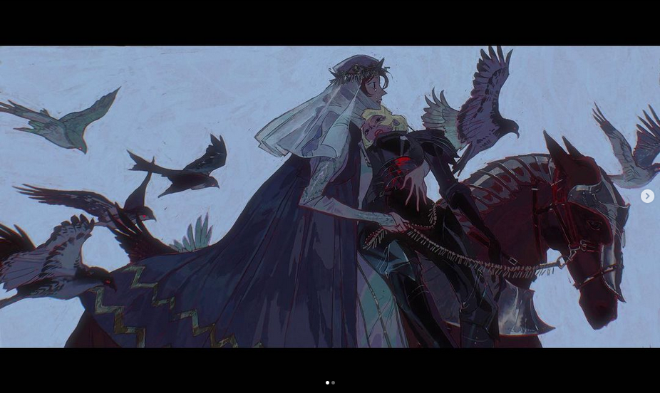 this is a digital painting of a fantasy scene. a woman in a cloak is riding a horse. the horse is wearing armor and a knight's helmet. she is being accompanied by a woman dressed in a white gown, who is holding onto her back. there are several black birds flying around them, mostly ravens. the background is a light blue color, giving a sense of mystery to the scene.