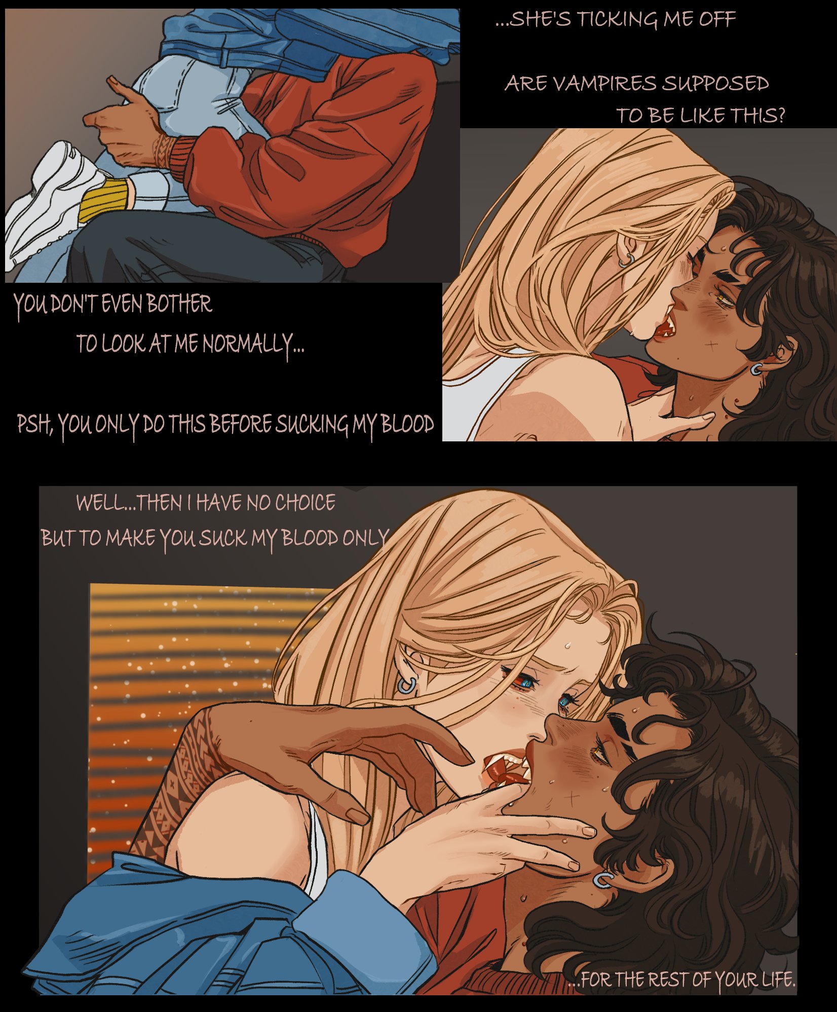 a comic panel shows two women, one fairhaired and the other darkhaired, in a romantic encounter. the darkhaired woman is sitting, while the fairhaired woman is biting her neck, implied to be sucking blood. the text bubbles indicate a playful argument, with phrases like "you don't even bother to look at me normally..." and "...then i have no choice but to make you suck my blood only for the rest of your life." the overall tone is romantic with a dark, vampiric twist.